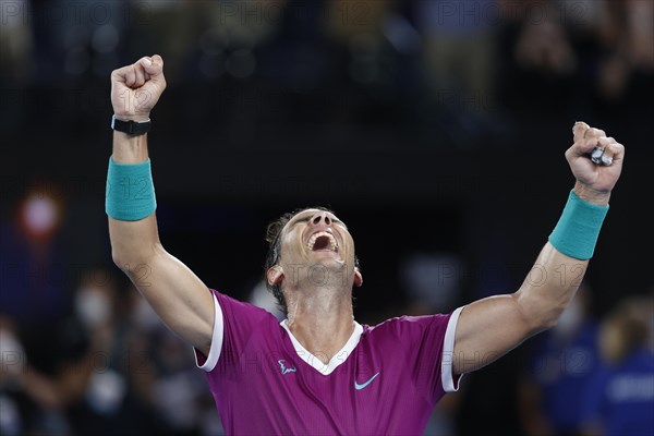 Spanish tennis player Rafael Nadal celebrates his victory at the Australian Open 2022 tennis tournament