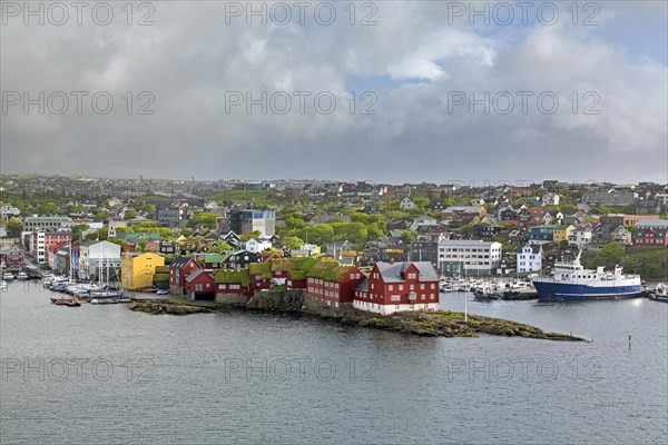 View over Tinganes showing government buildings in the the capital city Torshavn of the Faroe Islands