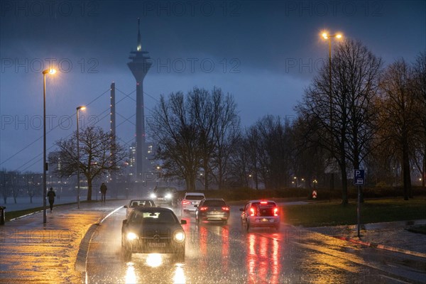 Heavy rain causes difficult road conditions in Duesseldorf on the Rhine