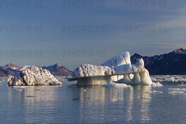 Melting ice floes calved from the Lilliehoeoekbreen glacier drifting in the Lilliehoeoekfjorden