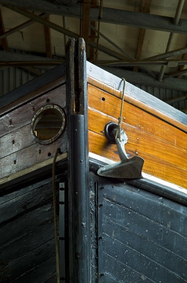 Fishing cutter in a shipbuilding hall of the Bueltjer shipyard