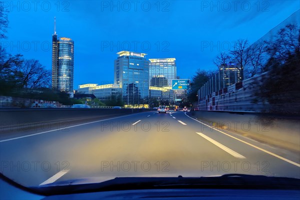 Early morning view from the car on the A 40 motorway in the city centre of Essen