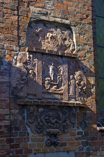 Eckernfoerde. Historical frieze on the St. Nicolai Church. Schleswig Holstein. Germany Europe