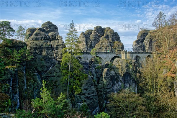 View from the rock castle Neurathen to the Bastei bridge