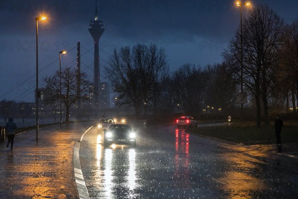 Heavy rain causes difficult road conditions in Duesseldorf on the Rhine