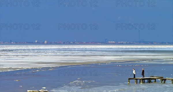 View over the frozen Jade Bay towards Wilhelmshaven