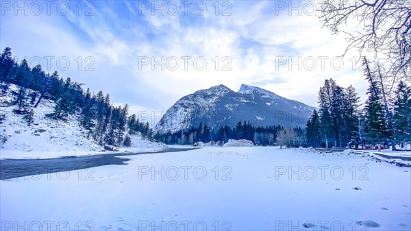 View at Bow River towards Mt. Rundle