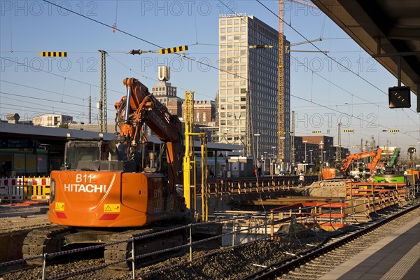 Construction site at Dortmund Central Station with the Dortmunder U and the Harenberg City Center