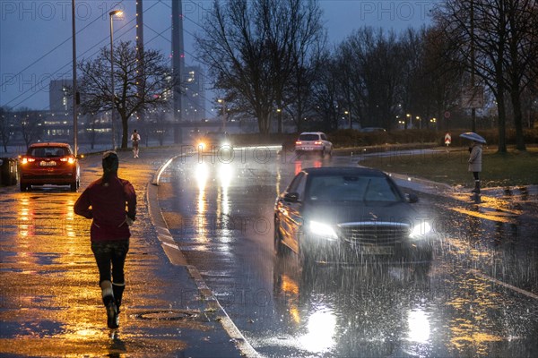 Heavy rain causes difficult road conditions in Duesseldorf on the Rhine