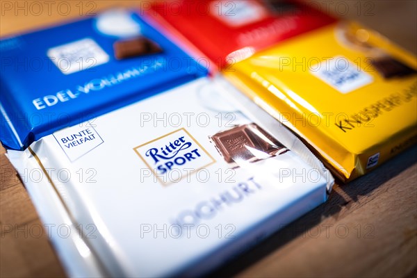 Ritter Sport chocolate packets lying on a kitchen worktop in Berlin