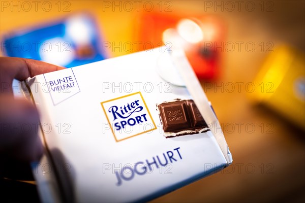 Ritter Sport chocolate packets lying on a kitchen worktop in Berlin