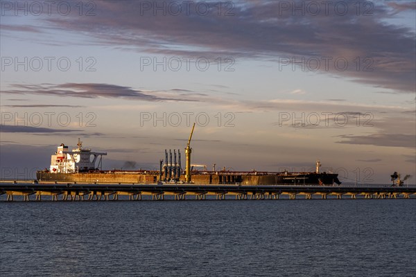 Crude oil tanker Landbridge Prosperity at the discharge bridge of the NWO in the Jade Bay