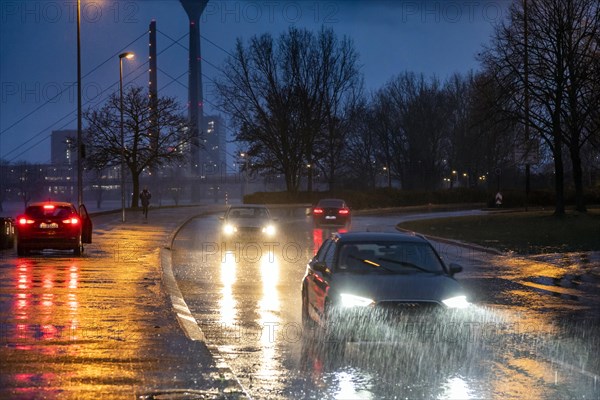 Heavy rain causes difficult road conditions in Duesseldorf on the Rhine