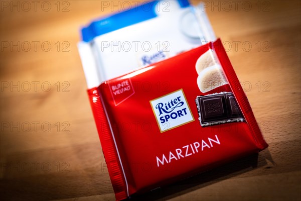 Ritter Sport chocolate packets lying on a kitchen worktop in Berlin