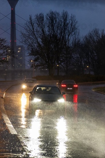 Heavy rain causes difficult road conditions in Duesseldorf on the Rhine