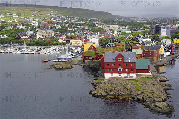 View over Tinganes showing government buildings in the the capital city Torshavn of the Faroe Islands