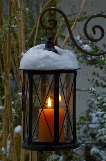 Lantern in the garden with snow bonnet