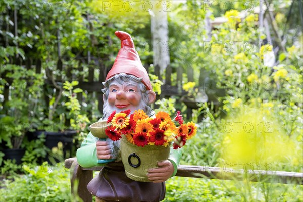 Large garden gnome with flowers in a garden