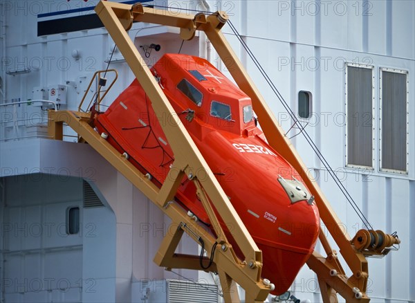 Lifeboat at the stern of a cargo ship
