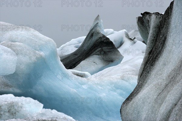 Seabird flying over iceberg in the glacial lake Joekulsarlon