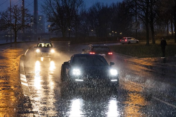 Heavy rain causes difficult road conditions in Duesseldorf on the Rhine