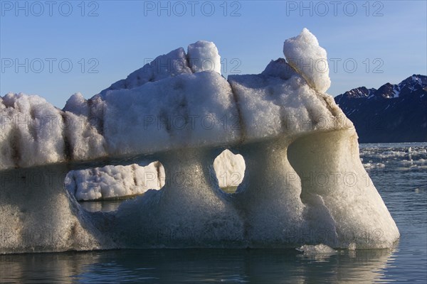 Melting ice floe calved from the Lilliehoeoekbreen glacier drifting in the Lilliehoeoekfjorden