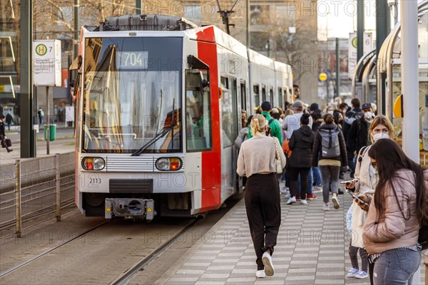 Tram stop Duesseldorf main station during rush hour