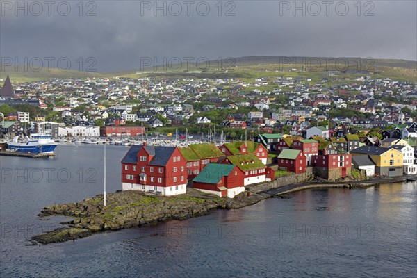 View over Tinganes showing government buildings in the the capital city Torshavn of the Faroe Islands