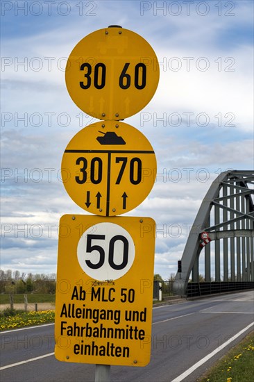 MLC signs identifying the military load class at the Eiderbruecke Friedrichstadt