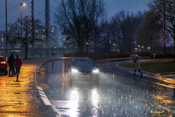 Heavy rain causes difficult road conditions in Duesseldorf on the Rhine