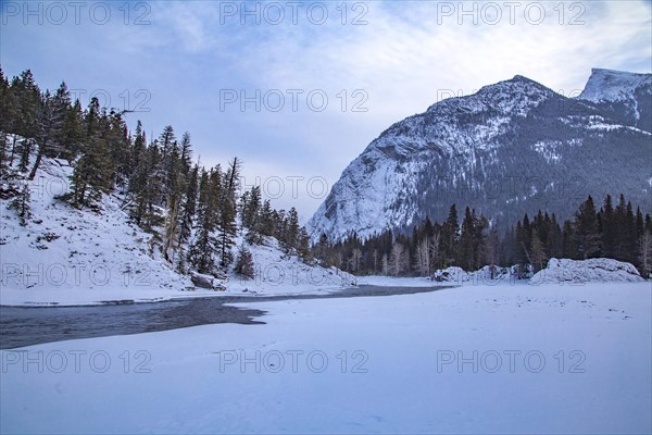 View at Bow River towards Mt. Rundle