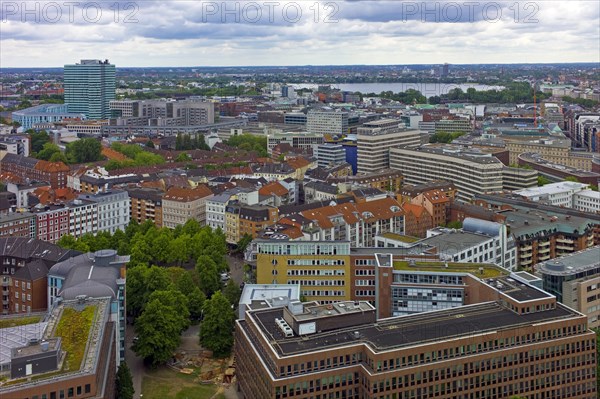 View of the city centre and the Inner Alster Lake from the Sankt Michaelis Church