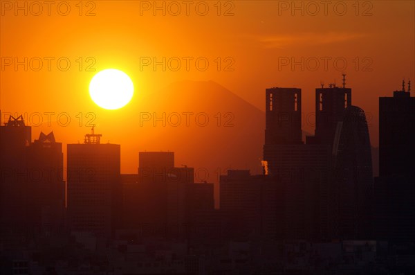 Sunset over Mount Fuji and Shinjuku skyscrapers Tokyo Japan Asia