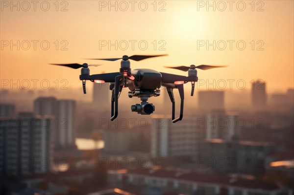 DJI drone flying over a city in evening light