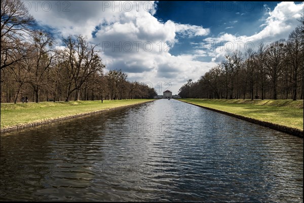 Palace garden canal in the park of Nymphenburg Palace