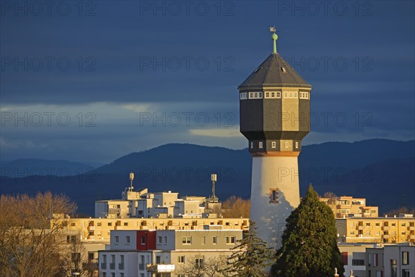 View of water tower in Kehl and mountains of the Black Forest