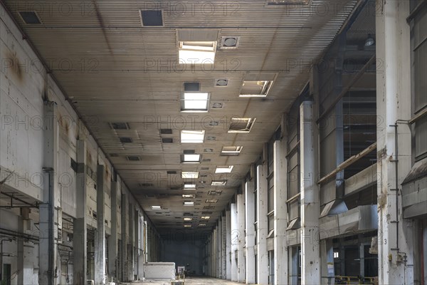 Empty production hall with skylights of a former paper factory