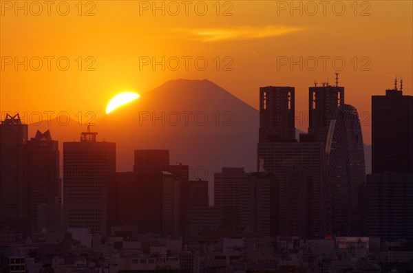 Sunset over Mount Fuji and Shinjuku skyscrapers Tokyo Japan Asia