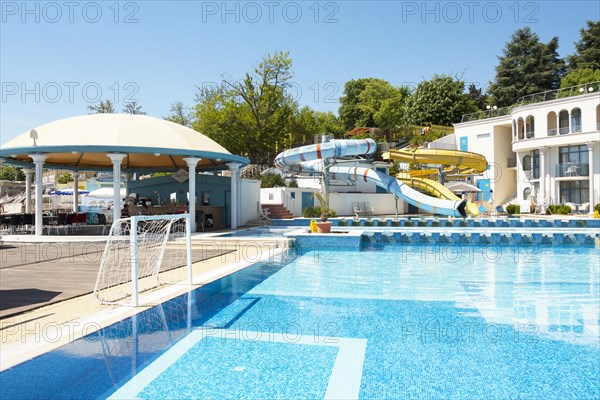 Swimming pool and aqua park on the sea beach of Azalia hotel