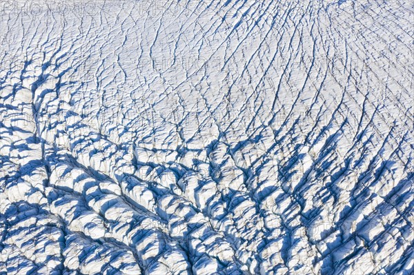 Aerial view over seracs and crevasses on Recherchebreen