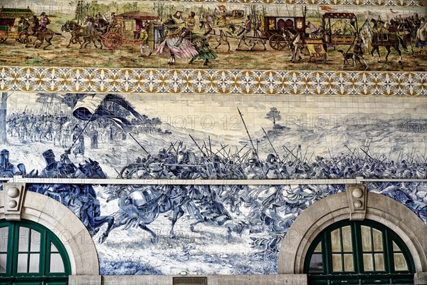 View of azulejos on walls of ornate interior of Arrivals Hall at Sao Bento Railway Station in Porto