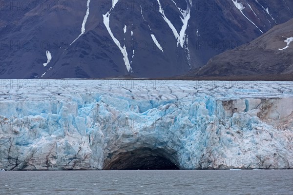 Seabirds flying at entrance of giant ice cave in the Kongsbreen glacier calving into Kongsfjorden