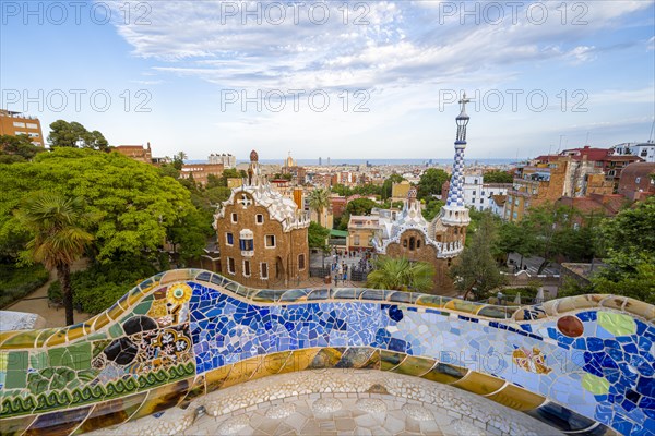 Benches with colourful mosaic