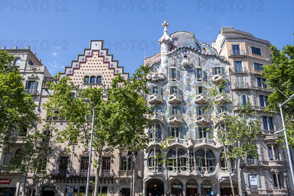 Artistic facade of Casa Batllo by Antoni Gaudi and Casa Amatller