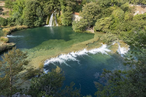 Aerial view over cascades in Skradinski buk at the Krka National Park in summer near