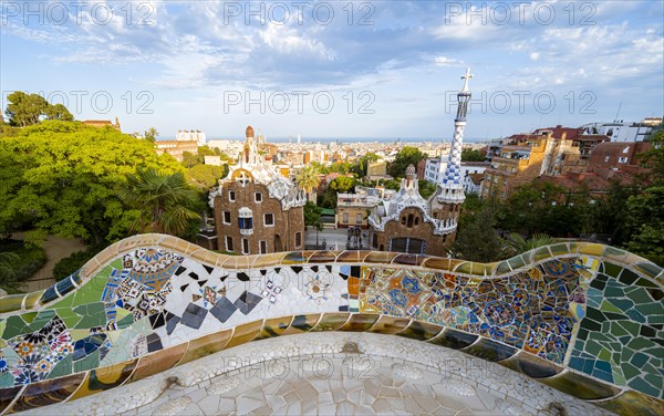 Benches with colourful mosaic