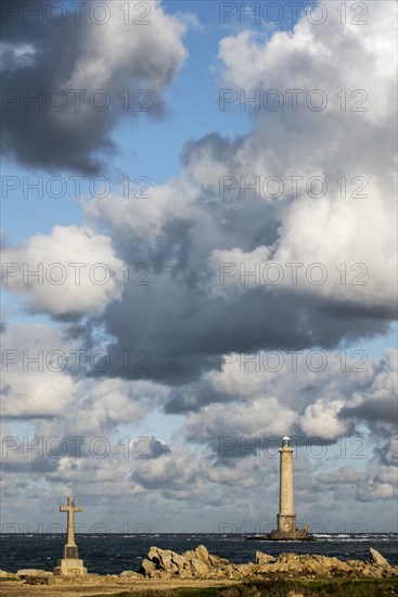 Lighthouse at the Cap de La Hague and monument in honor of the French Vendemiaire submarine crew