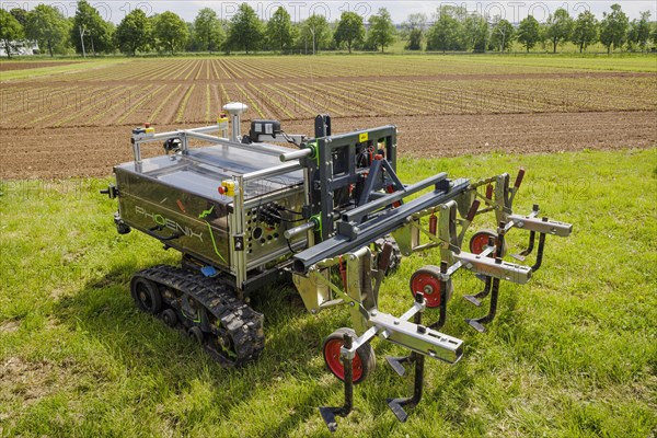 Autonomous agricultural robot with plough on an experimental field at the University of Hohenheim. Stuttgart