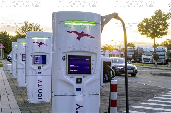 Electricity charging station of the provider Ionity at the motorway service area Neckarburg Ost on the motorway A81