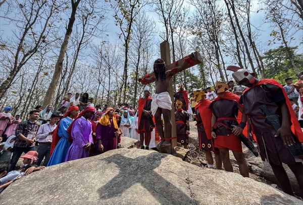 Christian devotees during the annual Good Friday procession to re-enact the crucifixion of Jesus Christ on April 7